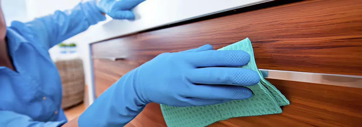 Cleaner wearing blue gloves wiping a wooden cabinet drawer with a microfiber cloth for dust and grime removal, Chattanooga, TN.